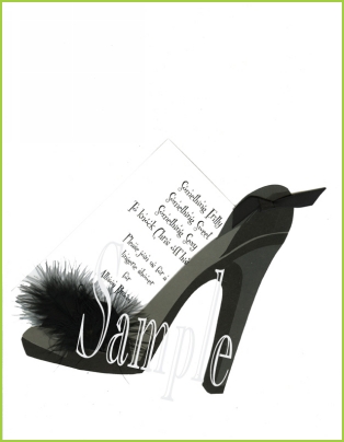 Black Shoe with Feather with black ribbon tag invitation by Stevie Streck